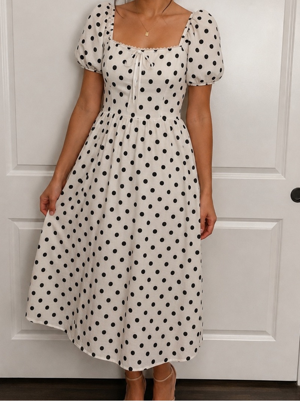 Camila Coelho White Midi Dress with Black Polka Dots